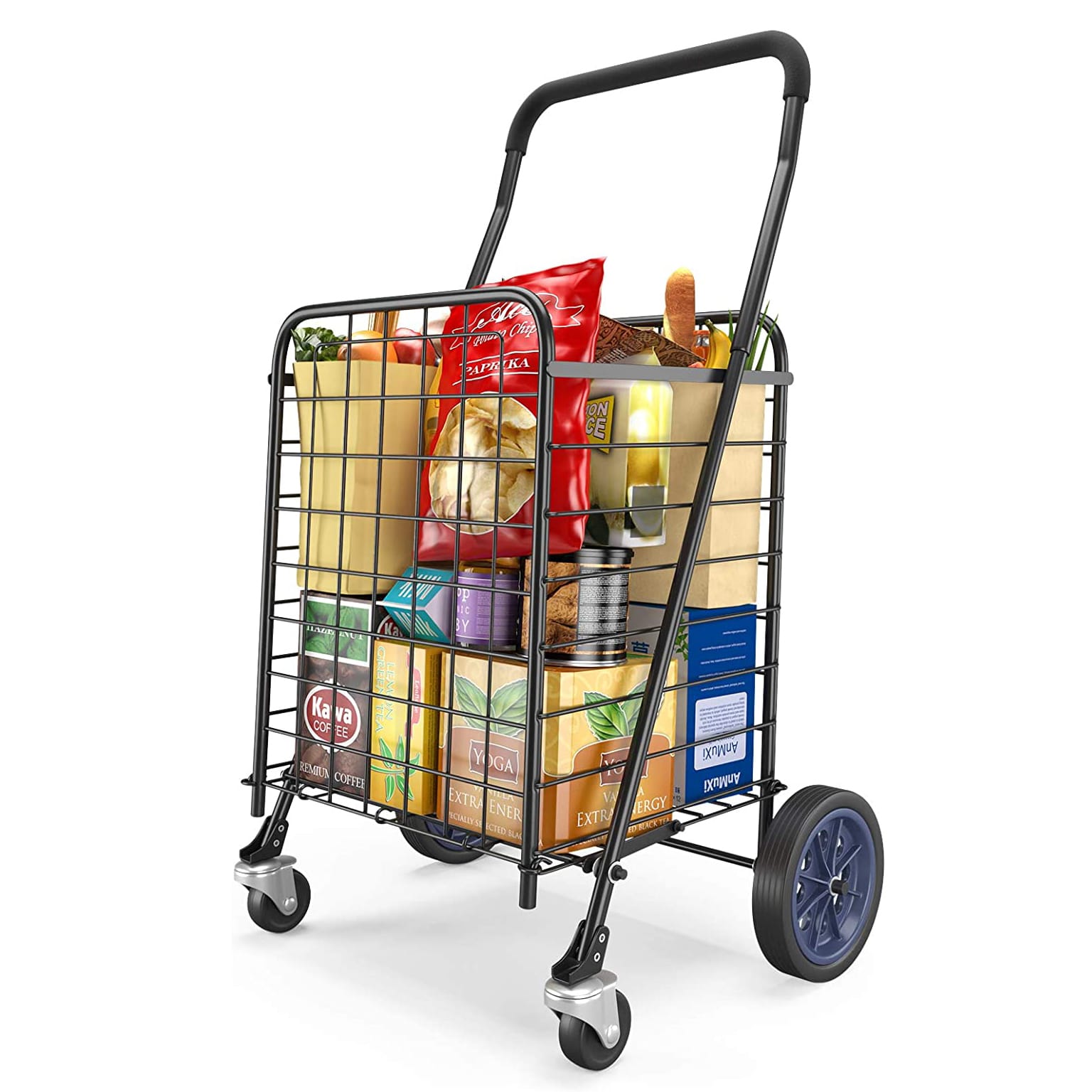Folding Shopping Cart Black Trolley Dolly Grocery Laundry Utility Cart with Wheel & Removable Waterproof Canvas Bag 