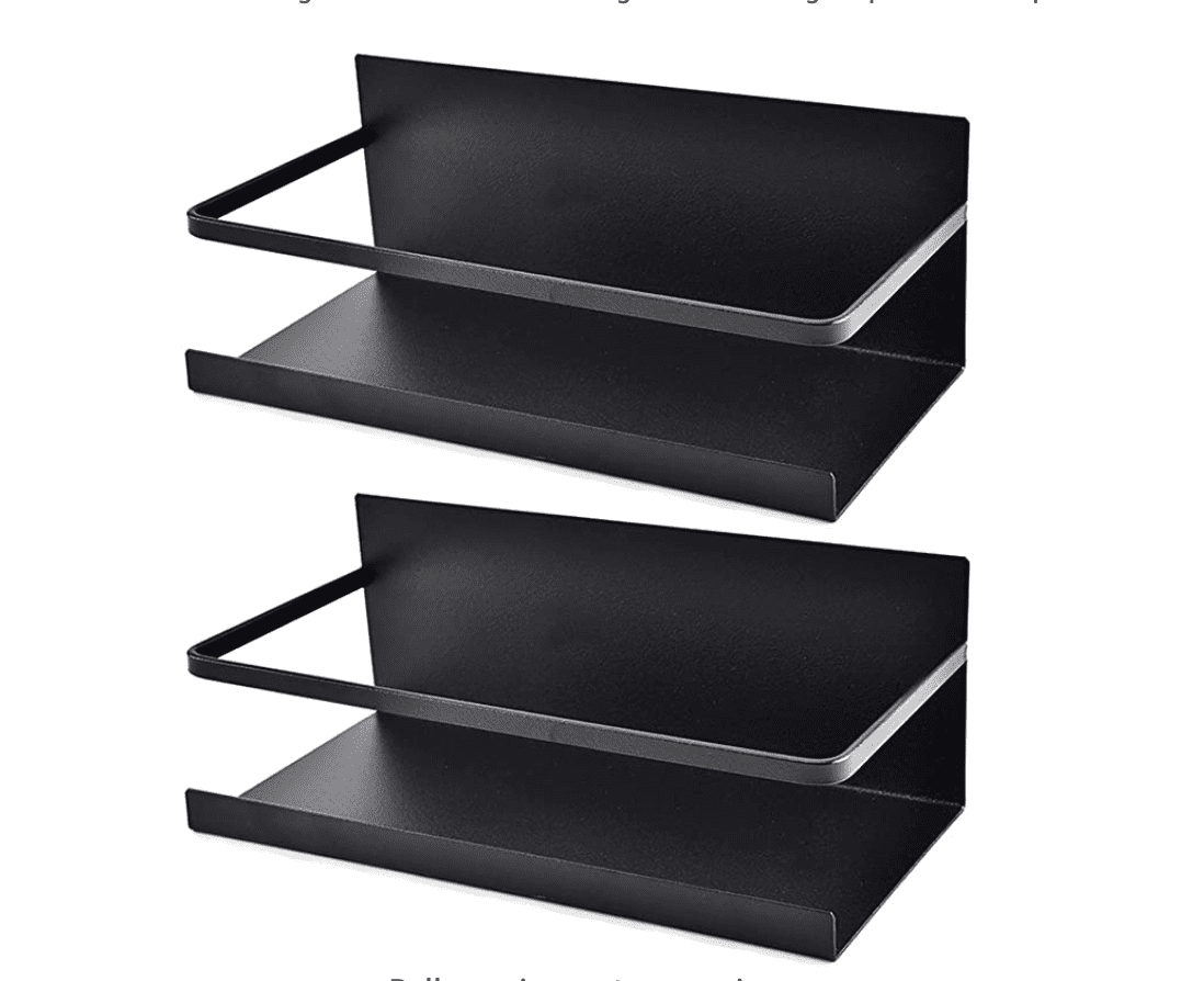 Black Magnetic Spice Rack WEIYII Strong Magnetic 2 Pack Shelves with 2 Removable Hooks Awesome Metal Cabinet for Holding Spices Perfect Space Saver for Small Kitchen/Apartment Jars 