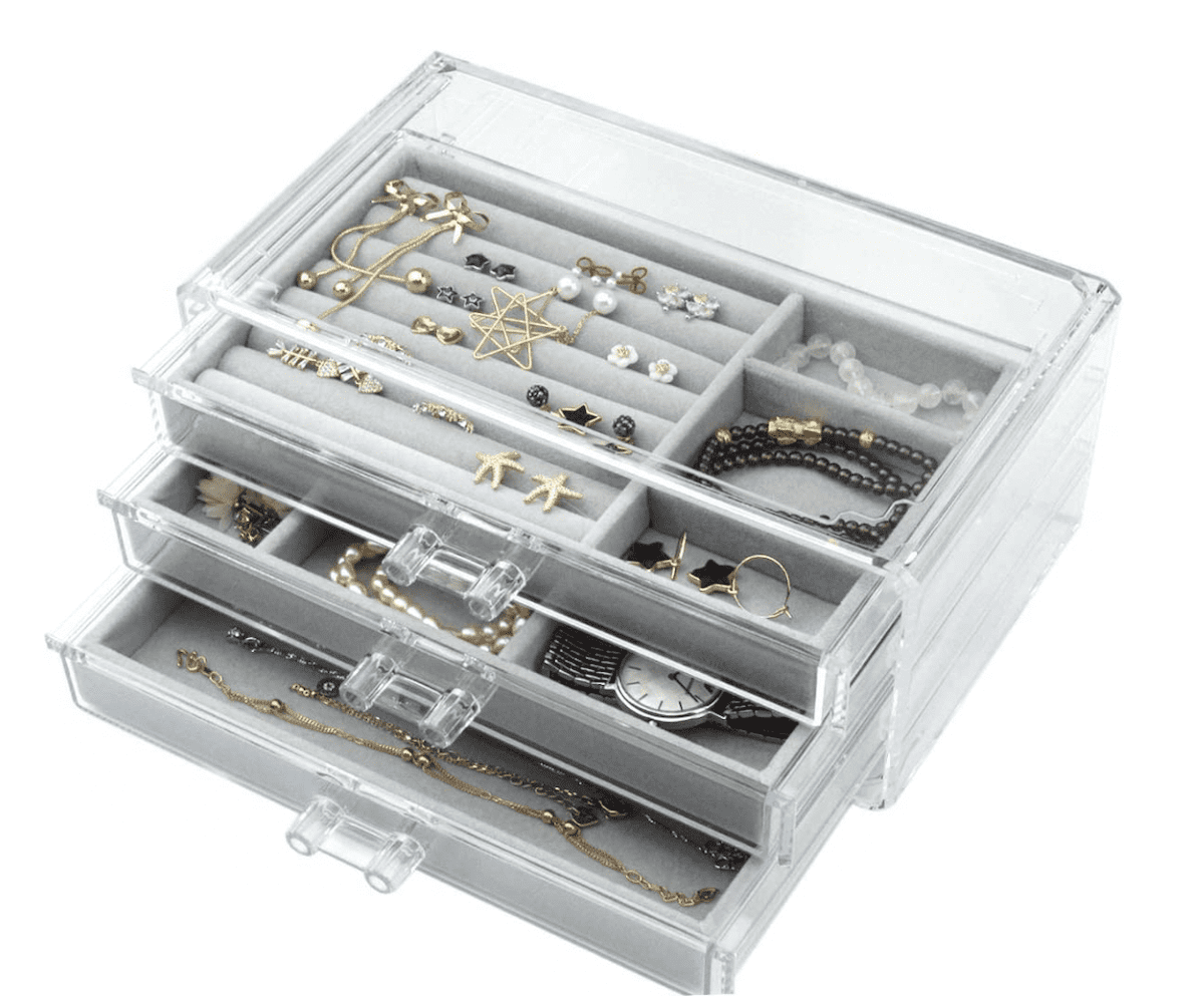 Weiai Acrylic Jewelry Organizer, Clear Jewelry Box with 4 Drawers, Jewelry  Case Storage for Women (Gray)