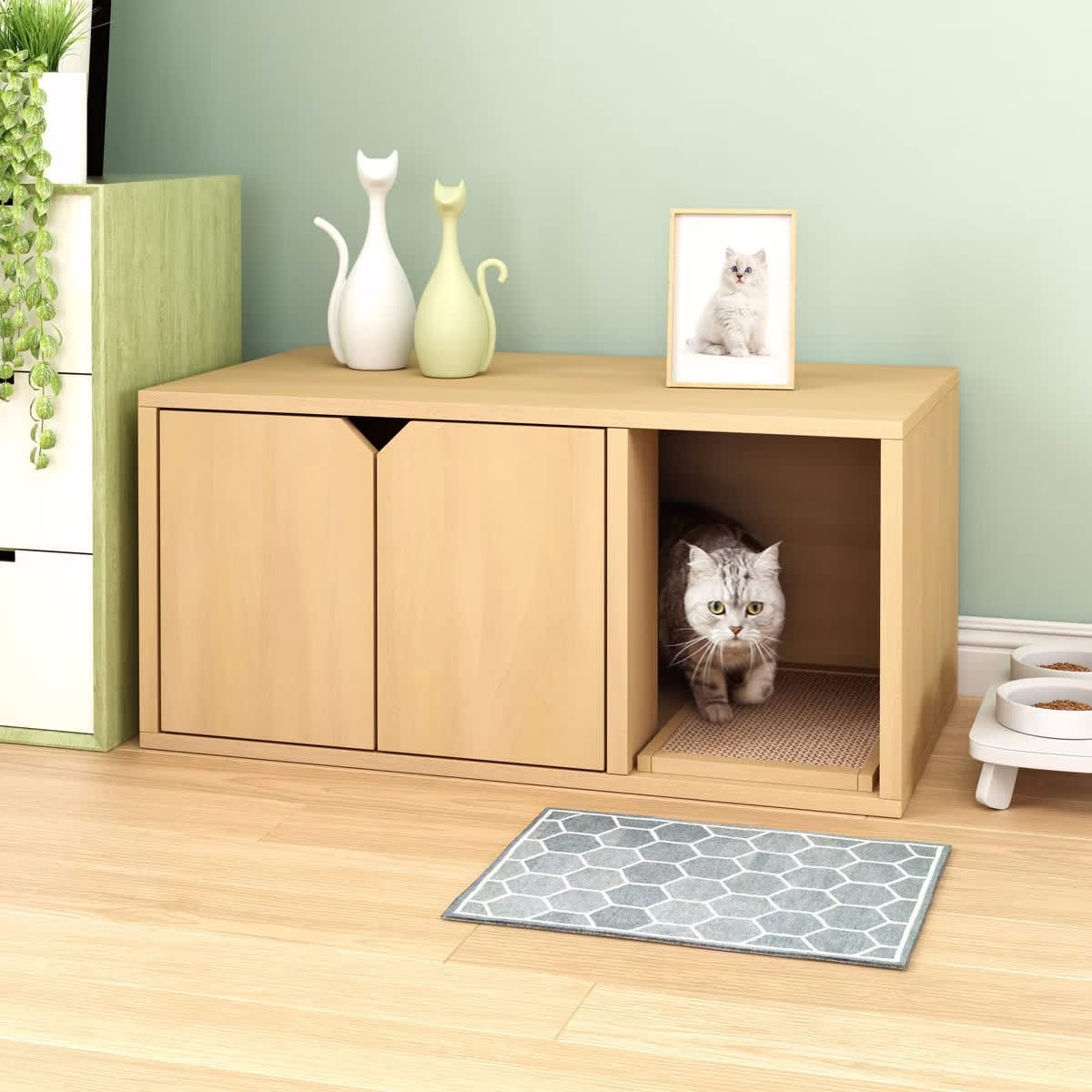 Cat Litter Box Enclosure Furniture With Litter Catcher