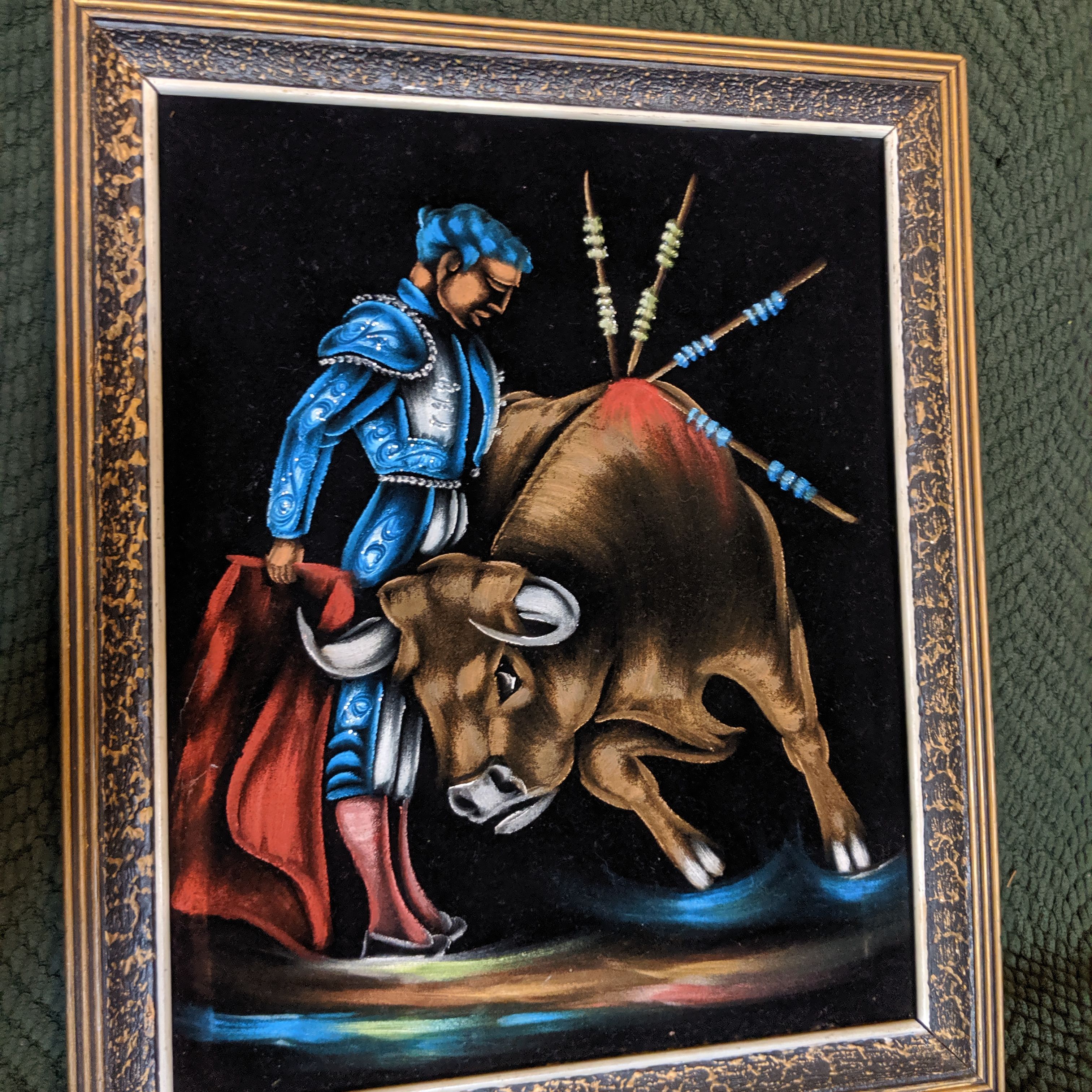 Vintage Velvet Painting Matador And Bull Framed Apartment