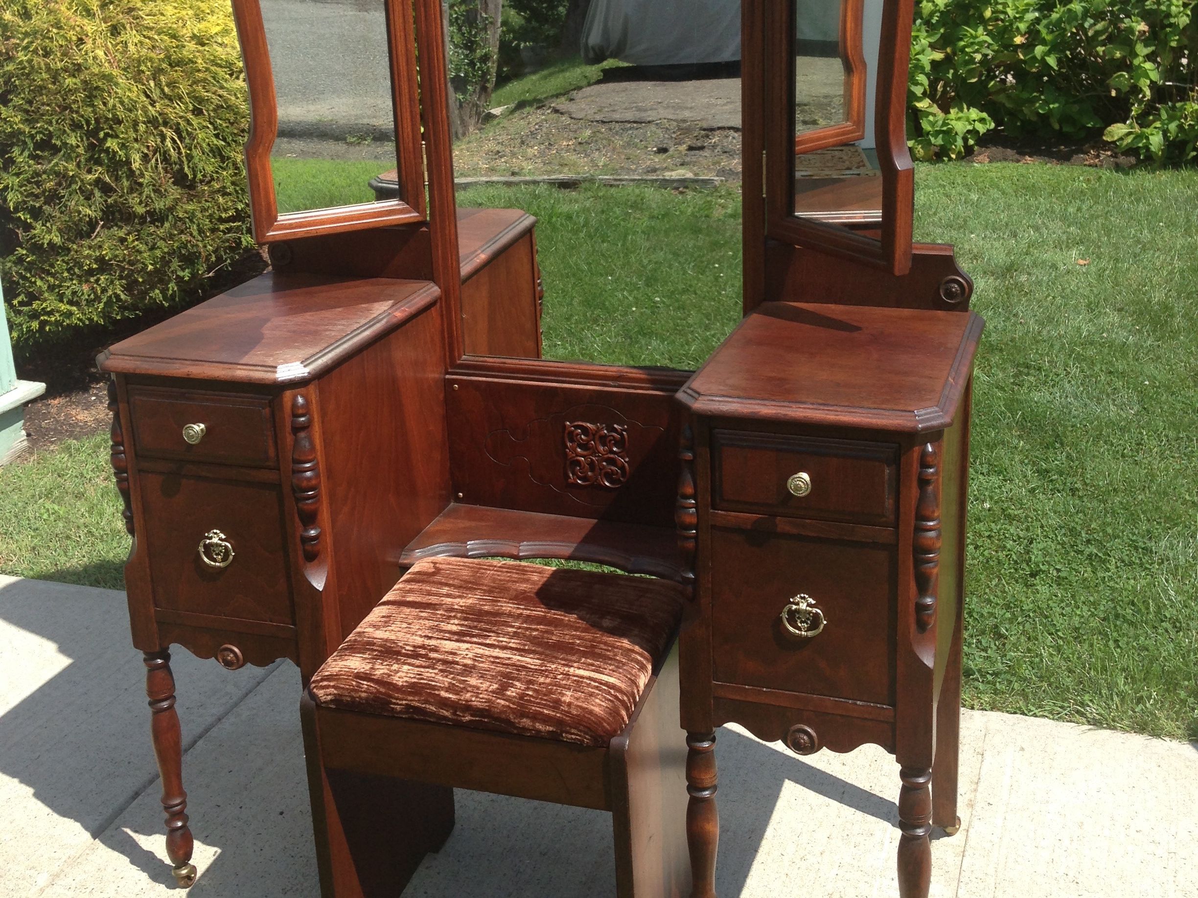 photo 1930S Vanity With Mirror 1930s solid wood vanity w tri fold mirror wheels