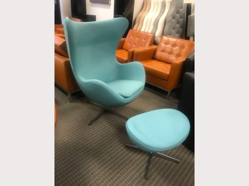 Midcentury Baby Blue Leather Egg Lounge Chair & OT ...