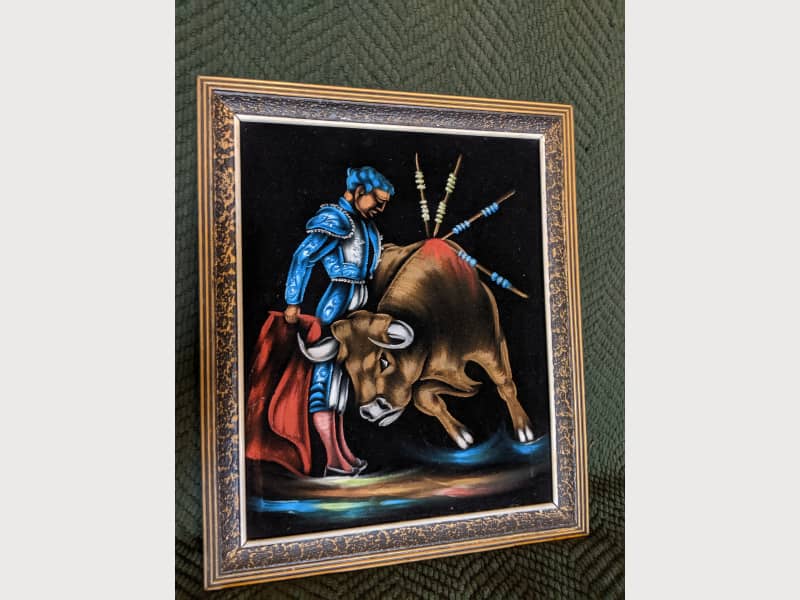 Vintage Velvet Painting Matador And Bull Framed Apartment
