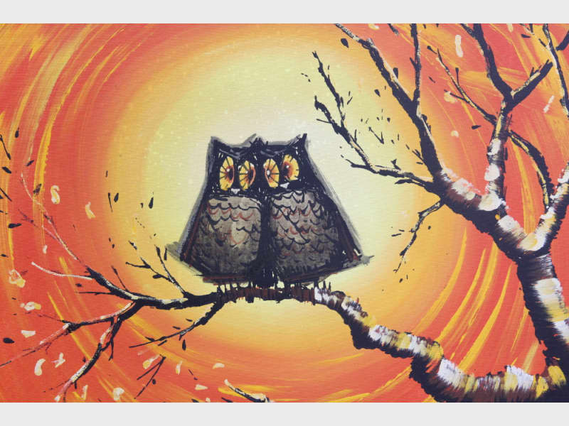 Vintage 1970s Signed Oil Painting Owls Moon Apartment