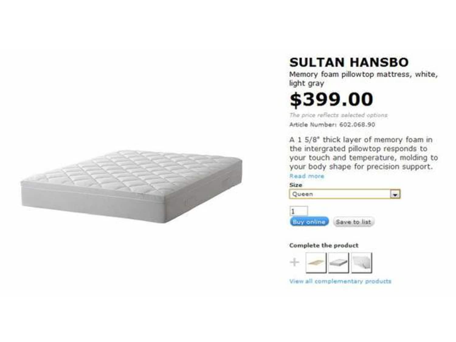 Queen Size Mattress Ikea Memory Foam Pillow Top Apartment