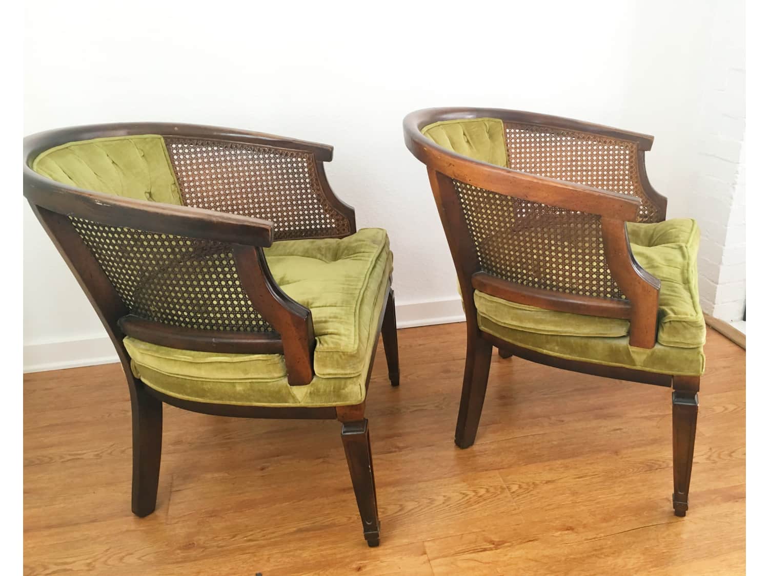 Pair of Vintage Cane Back and Velvet Barrel Chairs - Apartment Therapy