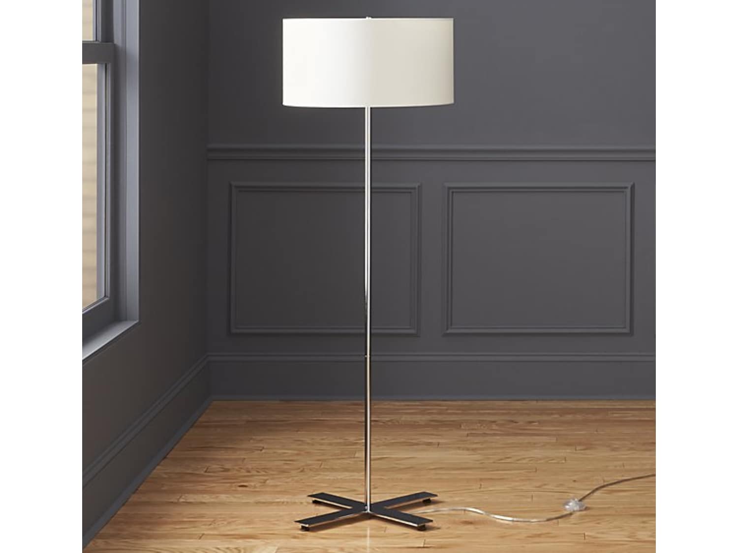 Cb2 X Base Chrome Floor Lamp W White Shade Apartment Therapy S Bazaar New perfect home essentials gloss oyster 3 adjustable light 64 1/2 floor lamp.