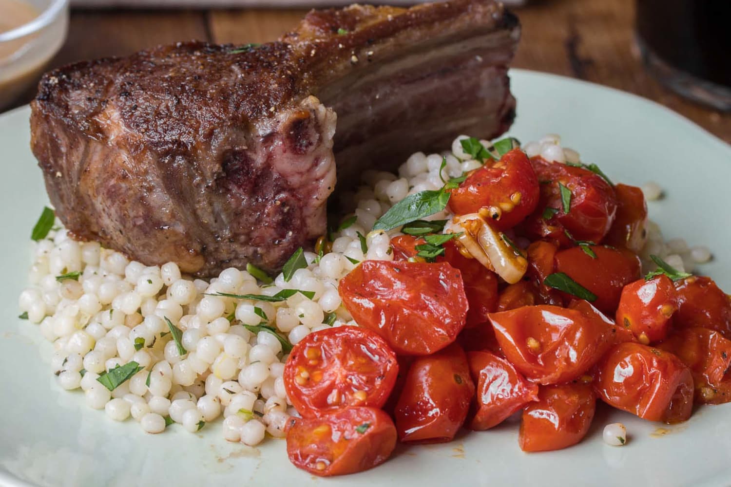 Recipe Lamb Chops With Mustard Shallot Sauce Roasted Tomatoes Pearl Couscous Kitchn