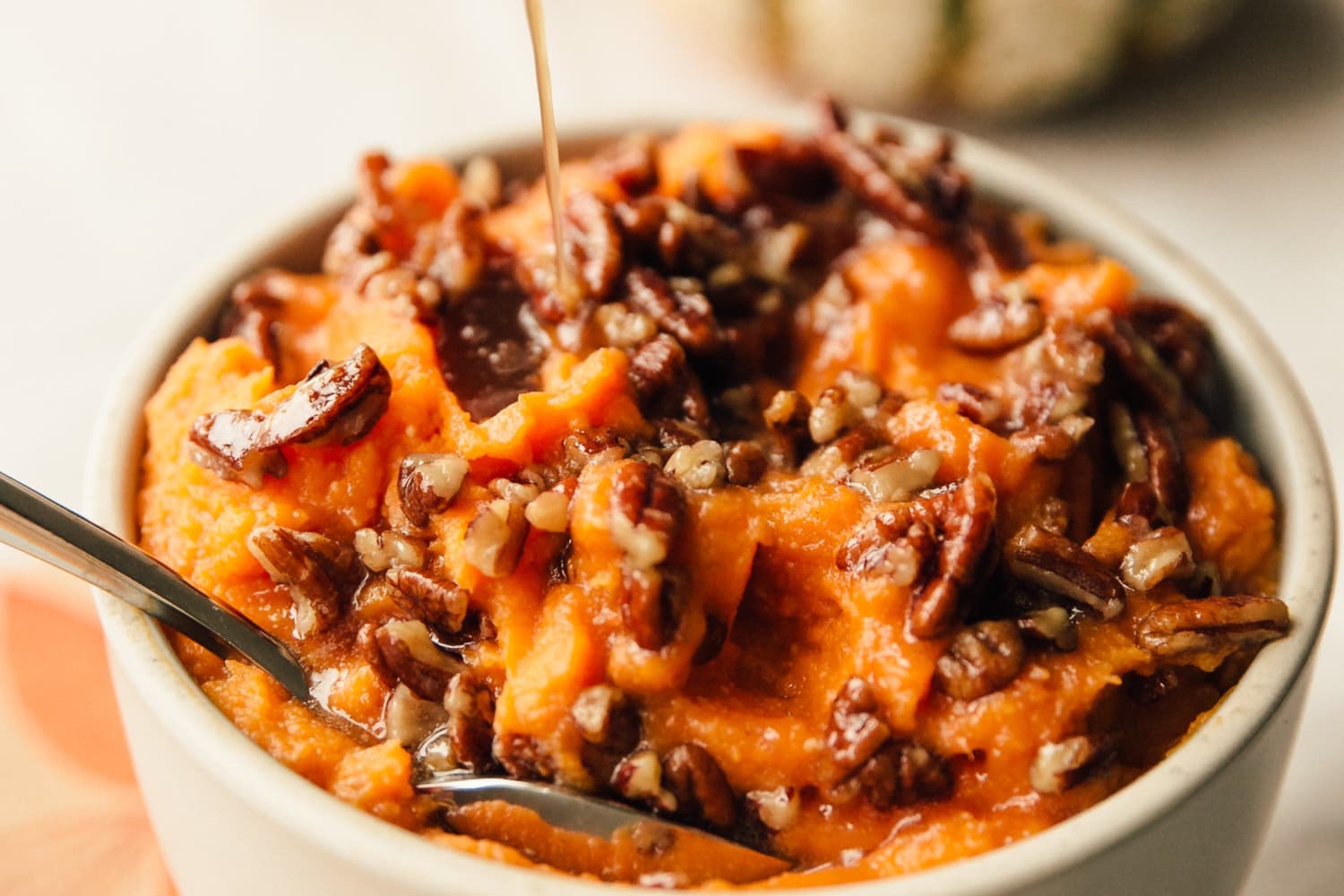 Stovetop Whipped Sweet Potatoes with Maple Pecan Drizzle