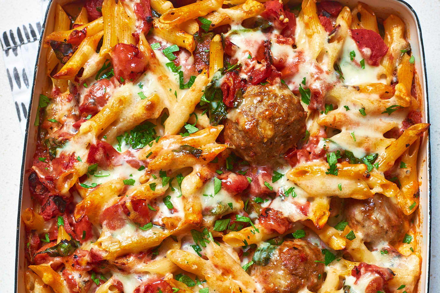 Smoky Mozzarella Pasta and Meatball Bake