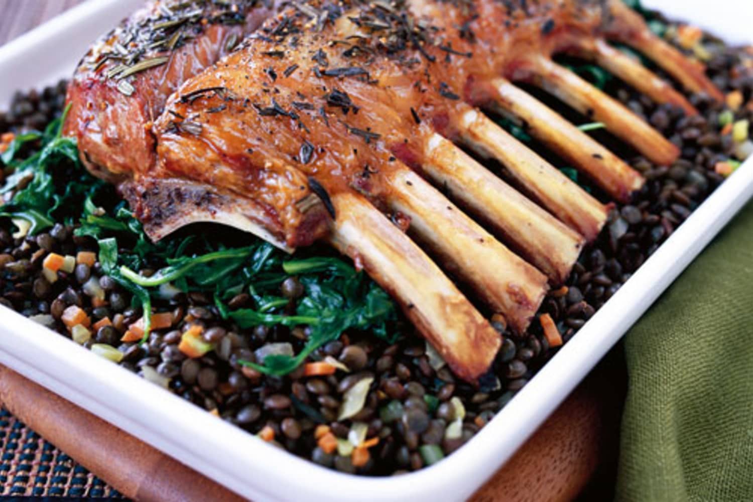 Recipe: Mini Rack of Lamb with Nutty Beluga Lentils and Sautéed Garlic