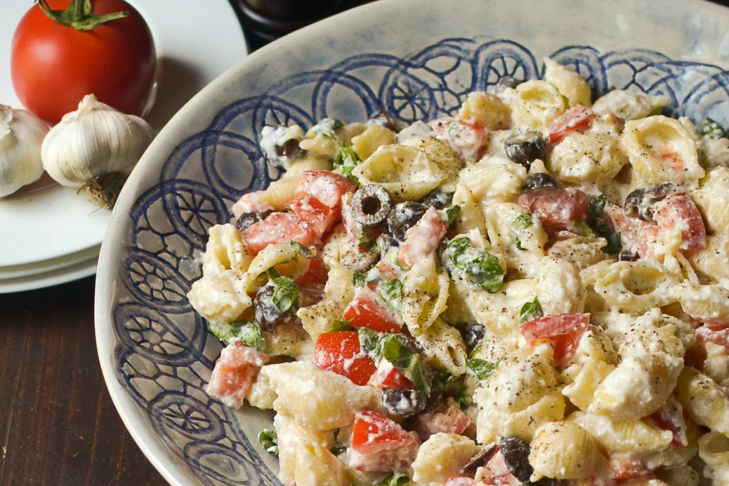 Summer Salad Recipe Roasted Garlic, Olive & Tomato Pasta Salad The