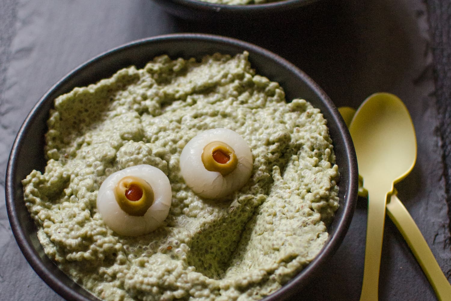 Halloween Recipe Frog Eggs & Eyeballs (Coconut Green Tea Chia Pudding