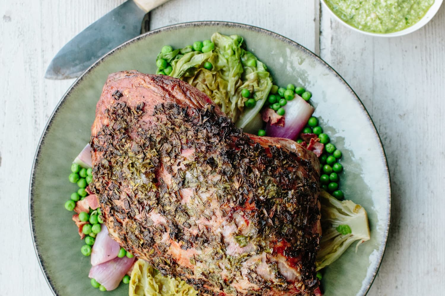 Recipe Donal Skehan’s Roast Lamb with Green Garlic, Lettuce & Peas