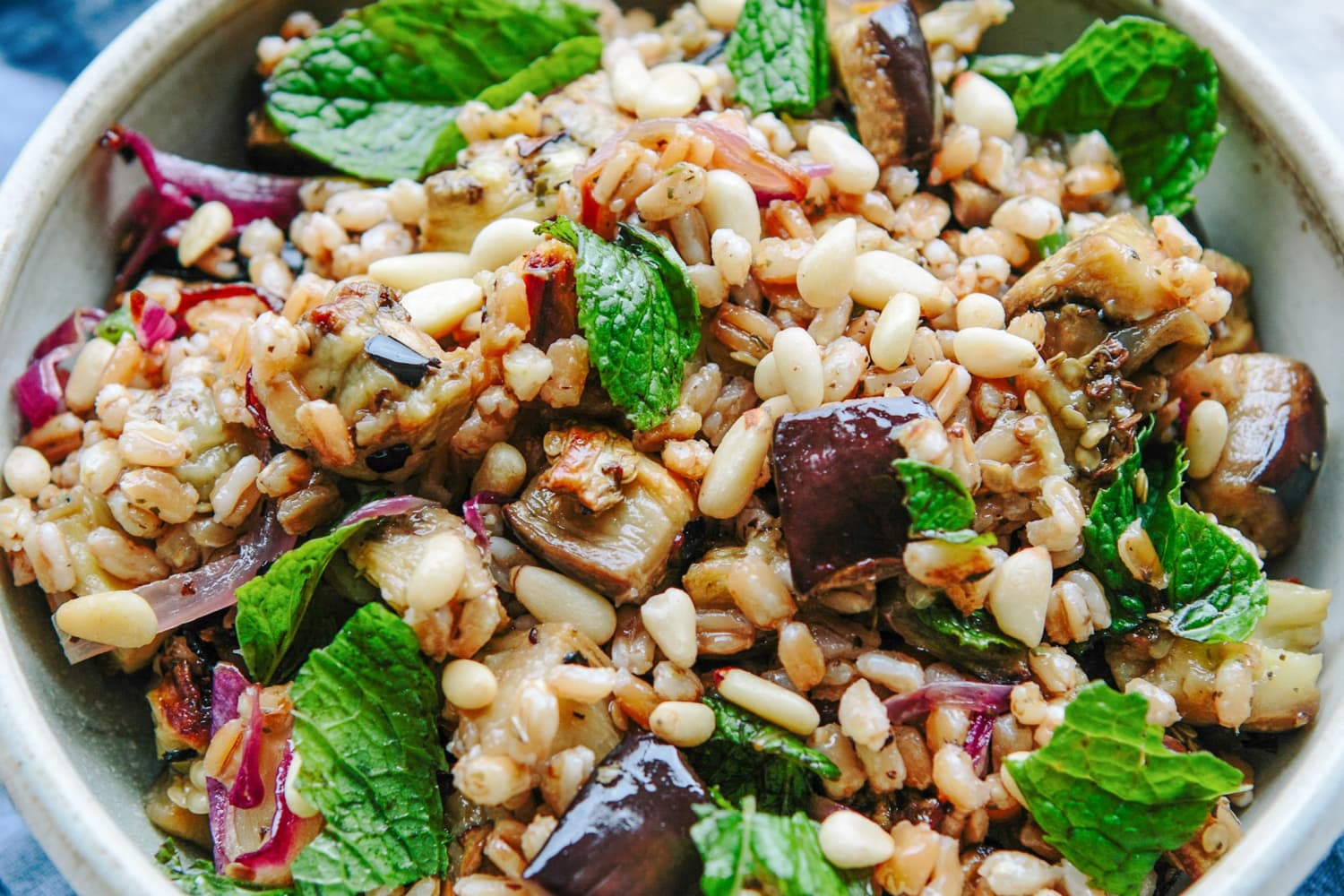 Recipe Farro Salad with Roasted Eggplant, Caramelized Onion, and Pine