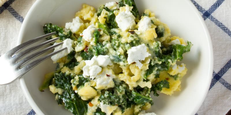 Breakfast Recipe Scrambled Eggs With Goat Cheese Greek Yogurt Greens Kitchn