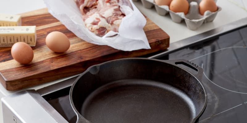 Cast iron skillet on store glass top stove