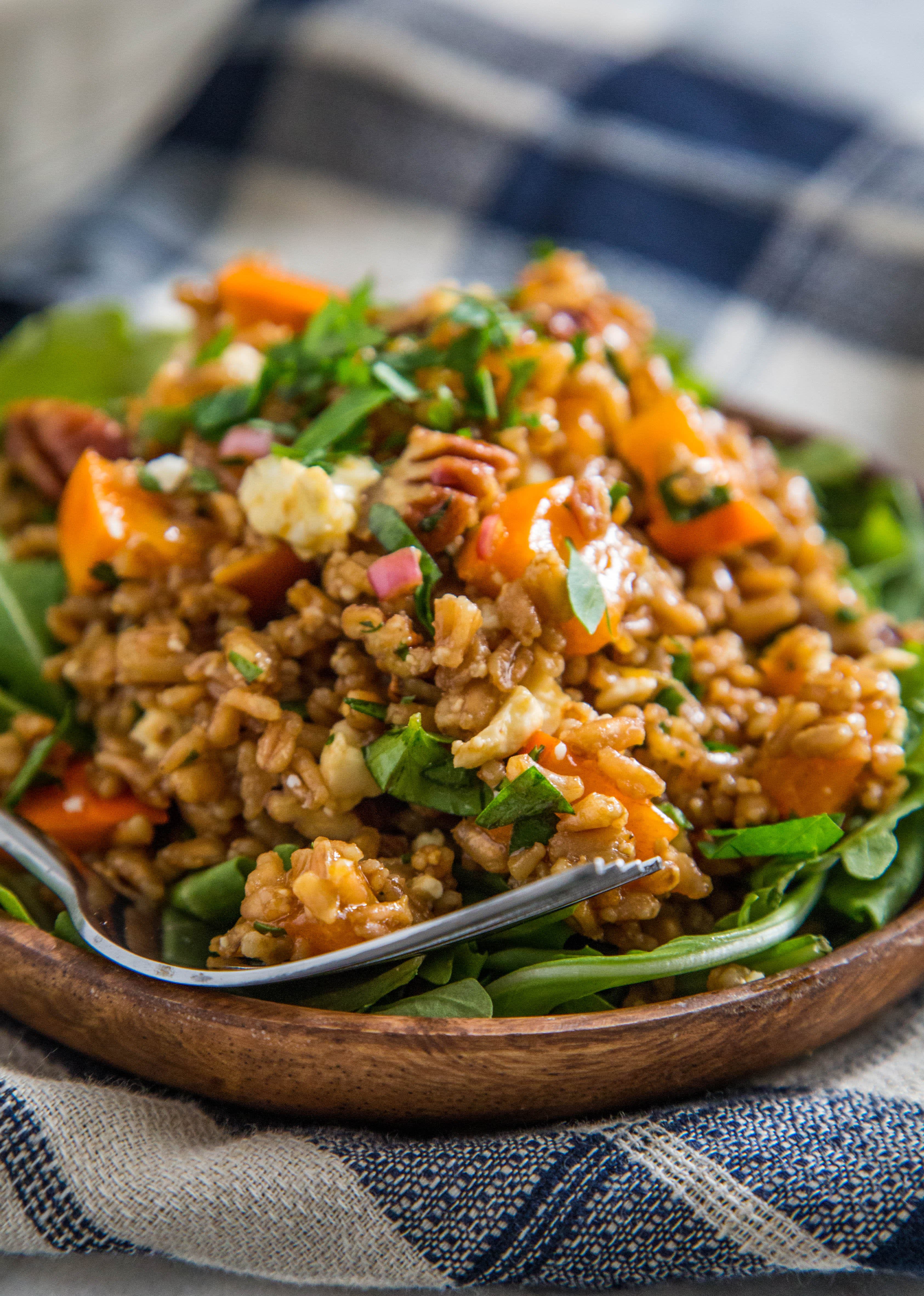 Warm Farro Salad with Roasted Squash, Persimmons and Pecans
