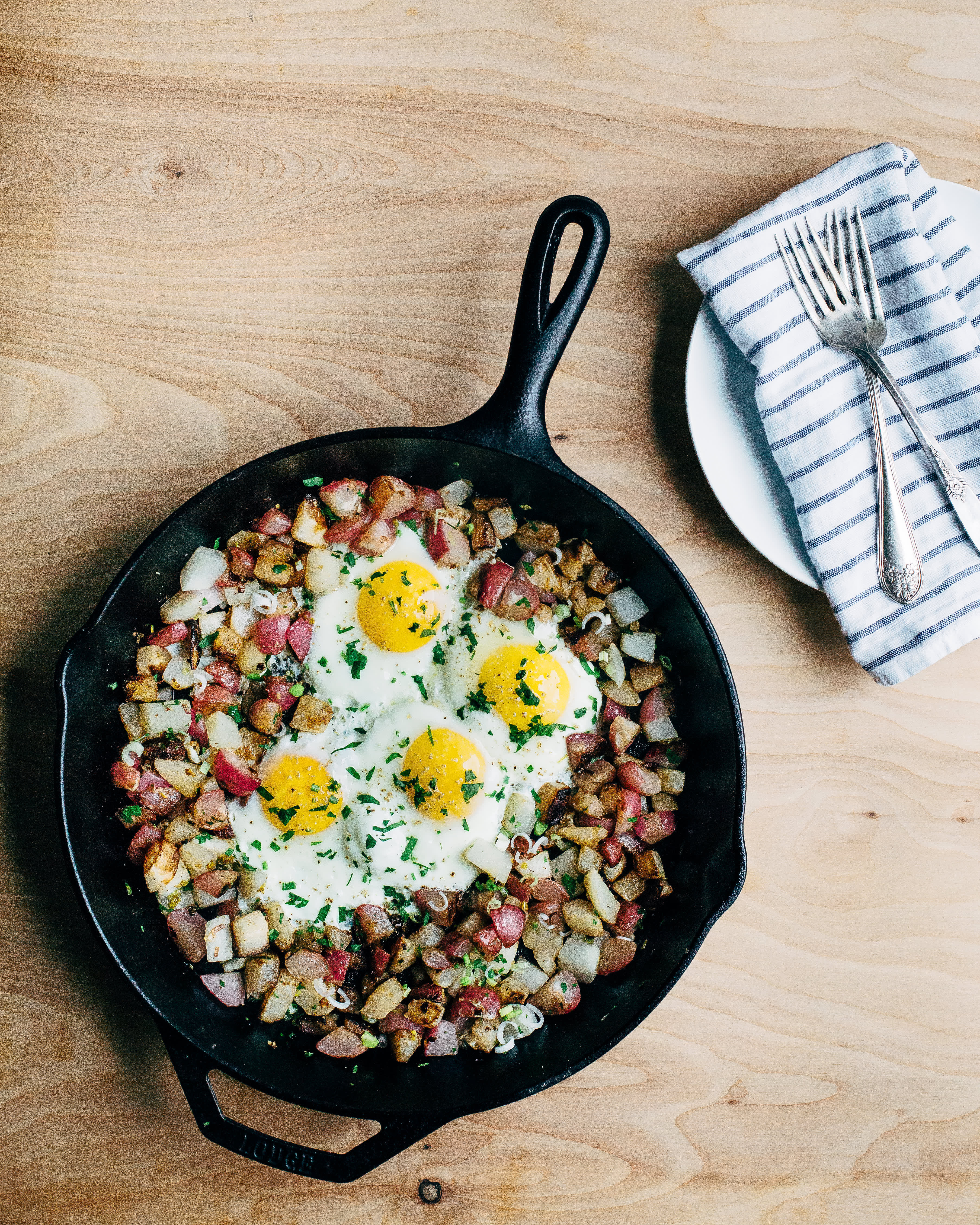 Radish and Turnip Hash with Green Garlic and Fried Eggs