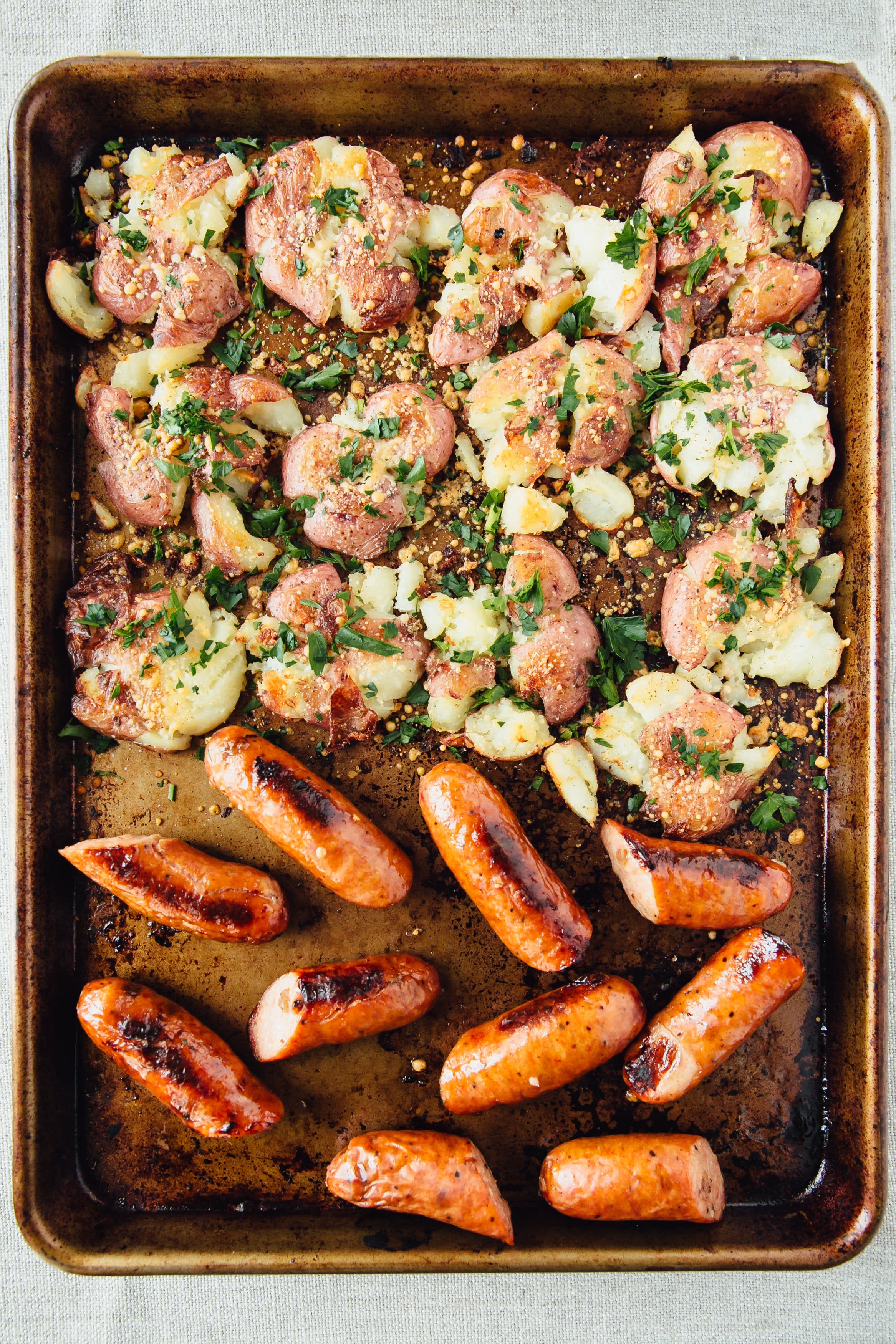 Roasted Smashed Parmesan Potatoes and Sausage