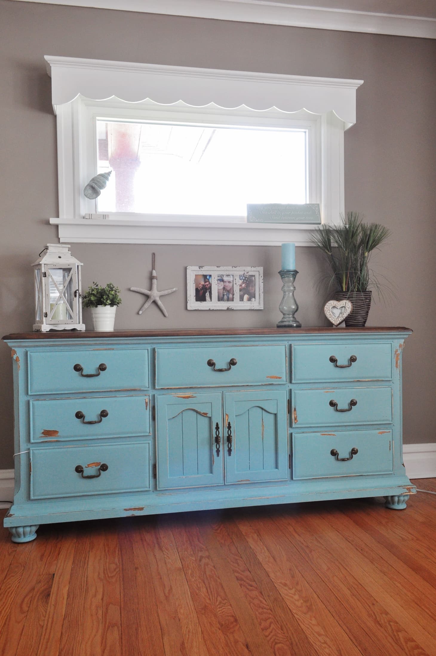 House Tour A Beach Cottage Inspired Bungalow Apartment Therapy Shabby Chic Robins Egg Blue Painted Chest With Warm Wood Floors And Gray Walls