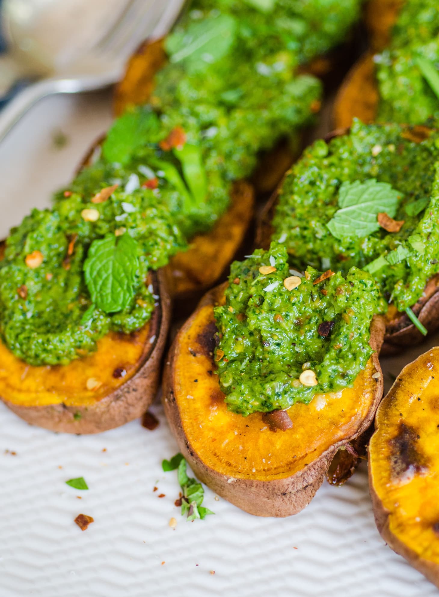 Recipe: Roasted Sweet Potato Slices with Cilantro Pesto | Kitchn