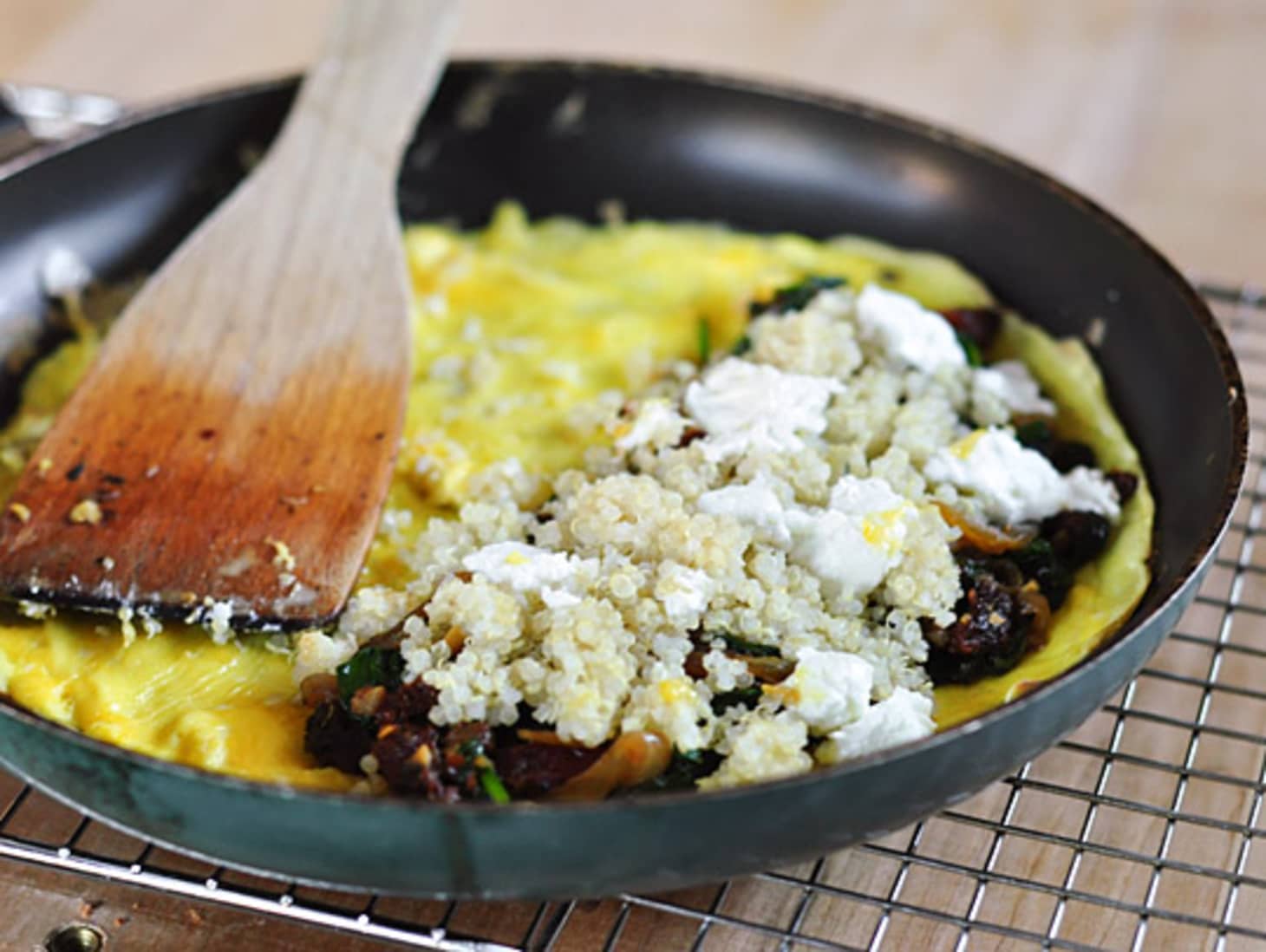 Breakfast Recipe 3Egg Omelet with Quinoa, SunDried Tomatoes, Spinach