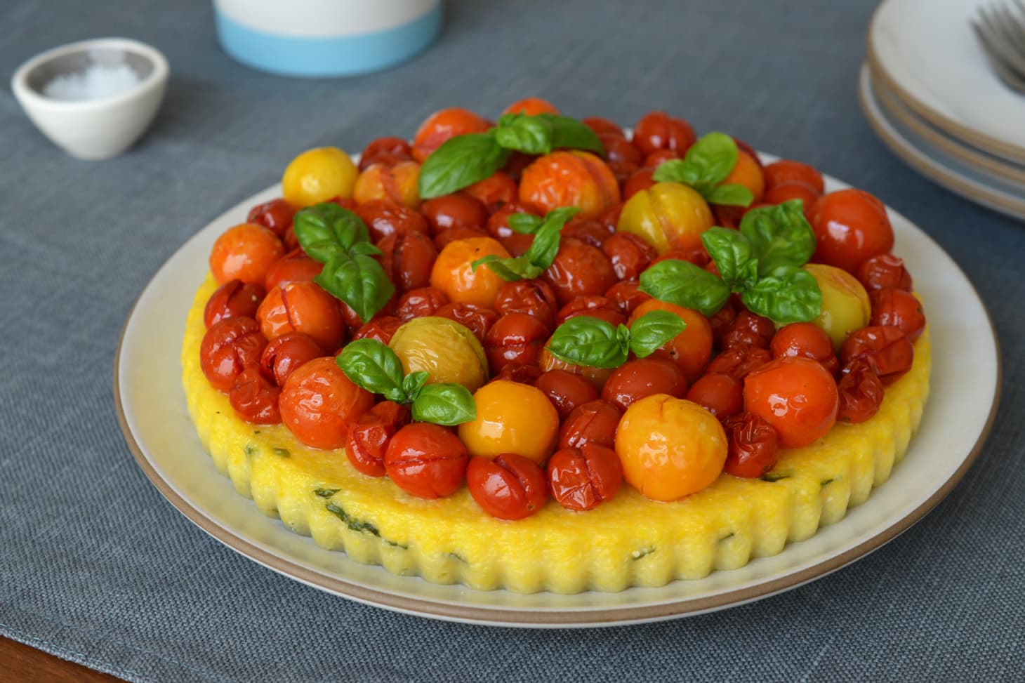 Late Summer Recipe Polenta Tart with Roasted Cherry Tomatoes Kitchn