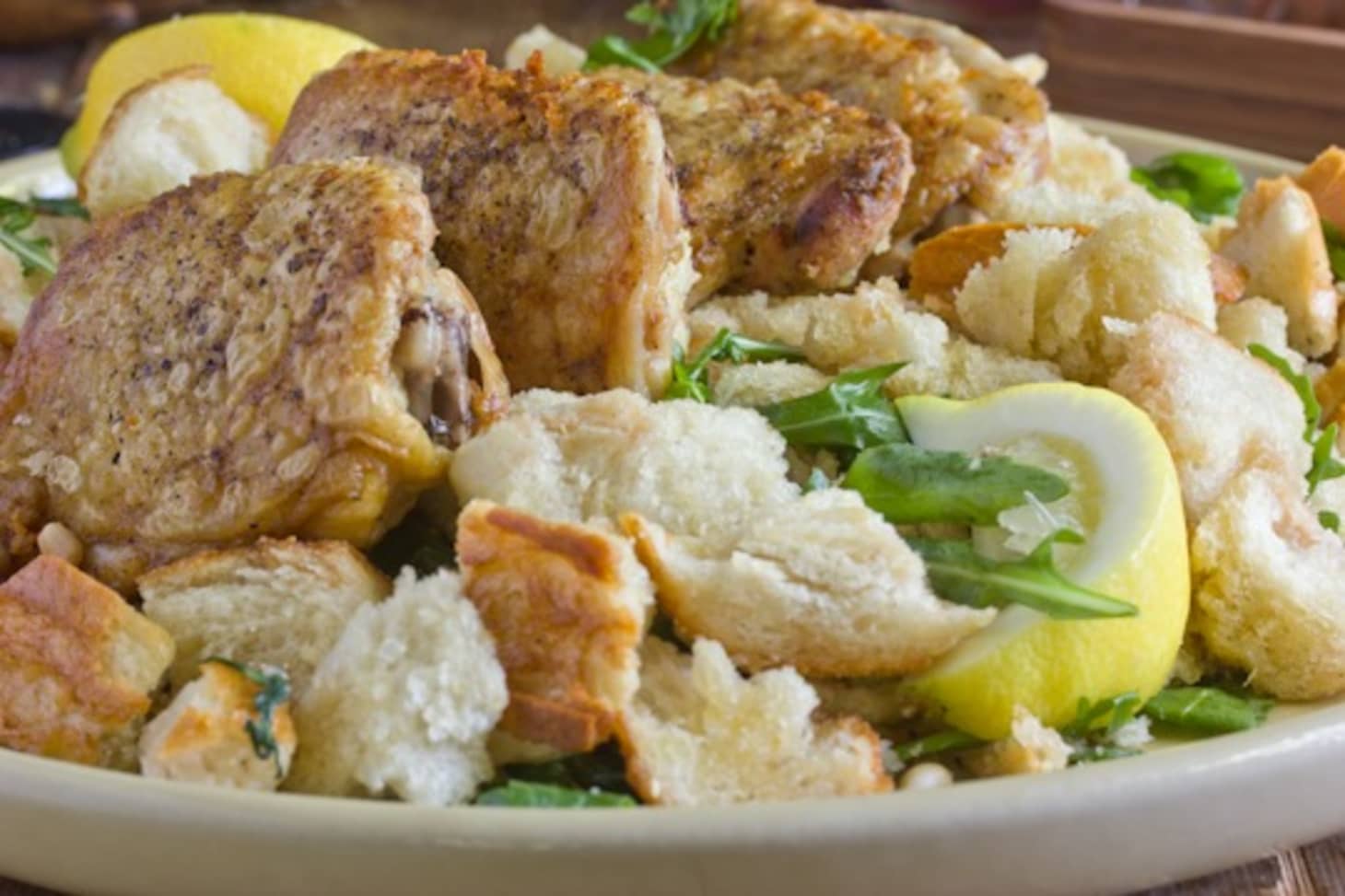 Recipe Crispy Chicken Thighs & Warm Bread Salad Kitchn