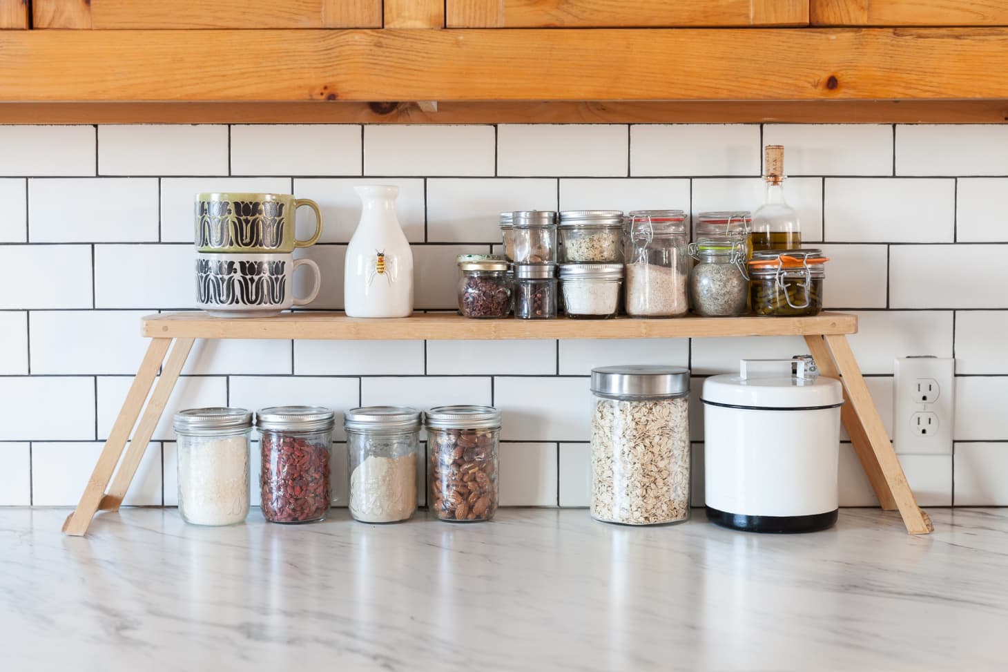 small kitchen above table storage