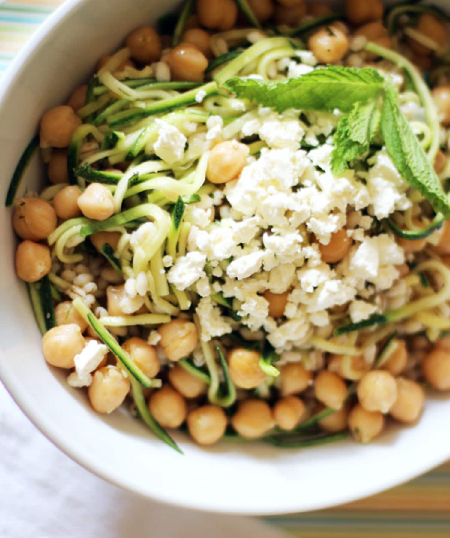 Recipe Chickpea, Barley and Zucchini Ribbon Salad with Mint and Feta