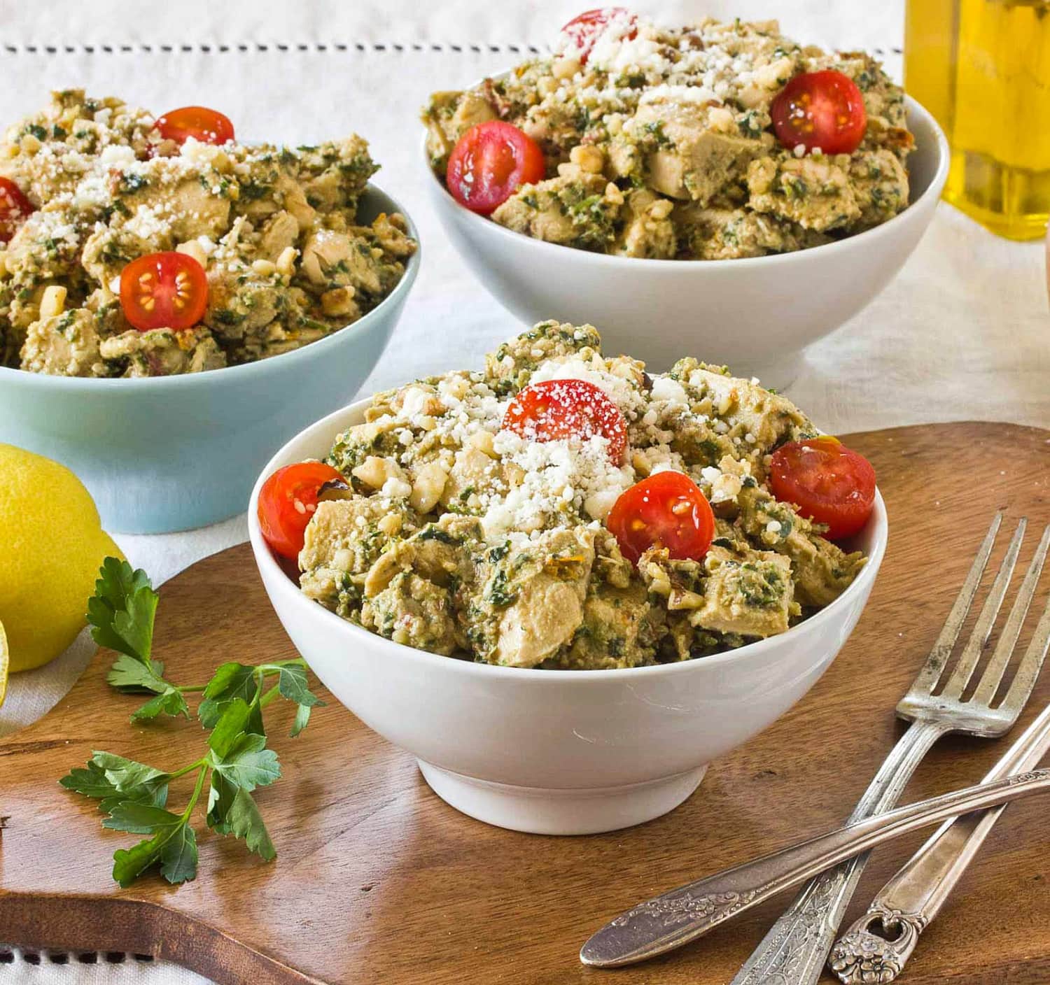 Recipe Creamy Chicken Salad with Parsley Walnut Pesto & SunDried