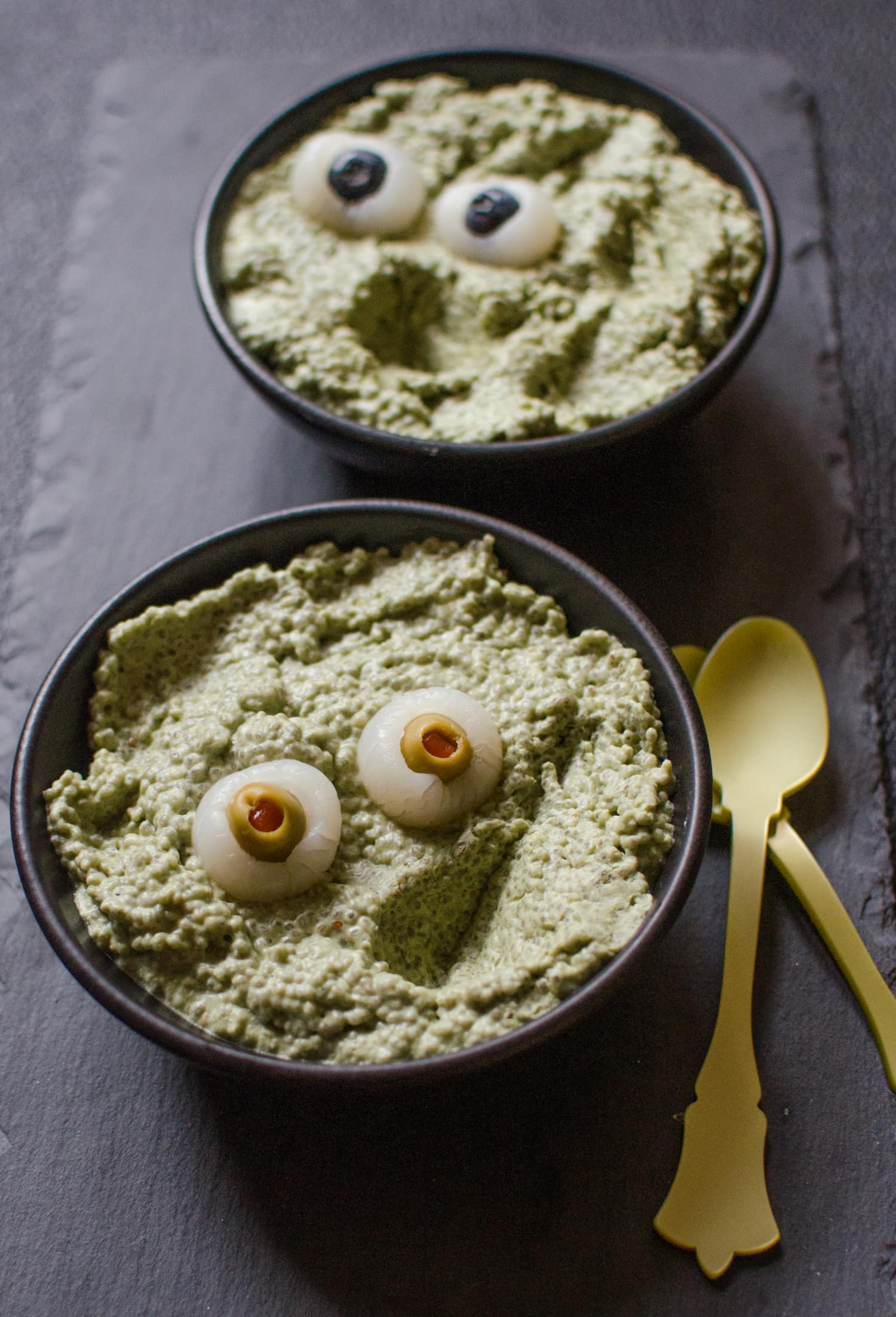 Halloween Recipe Frog Eggs & Eyeballs (Coconut Green Tea Chia Pudding