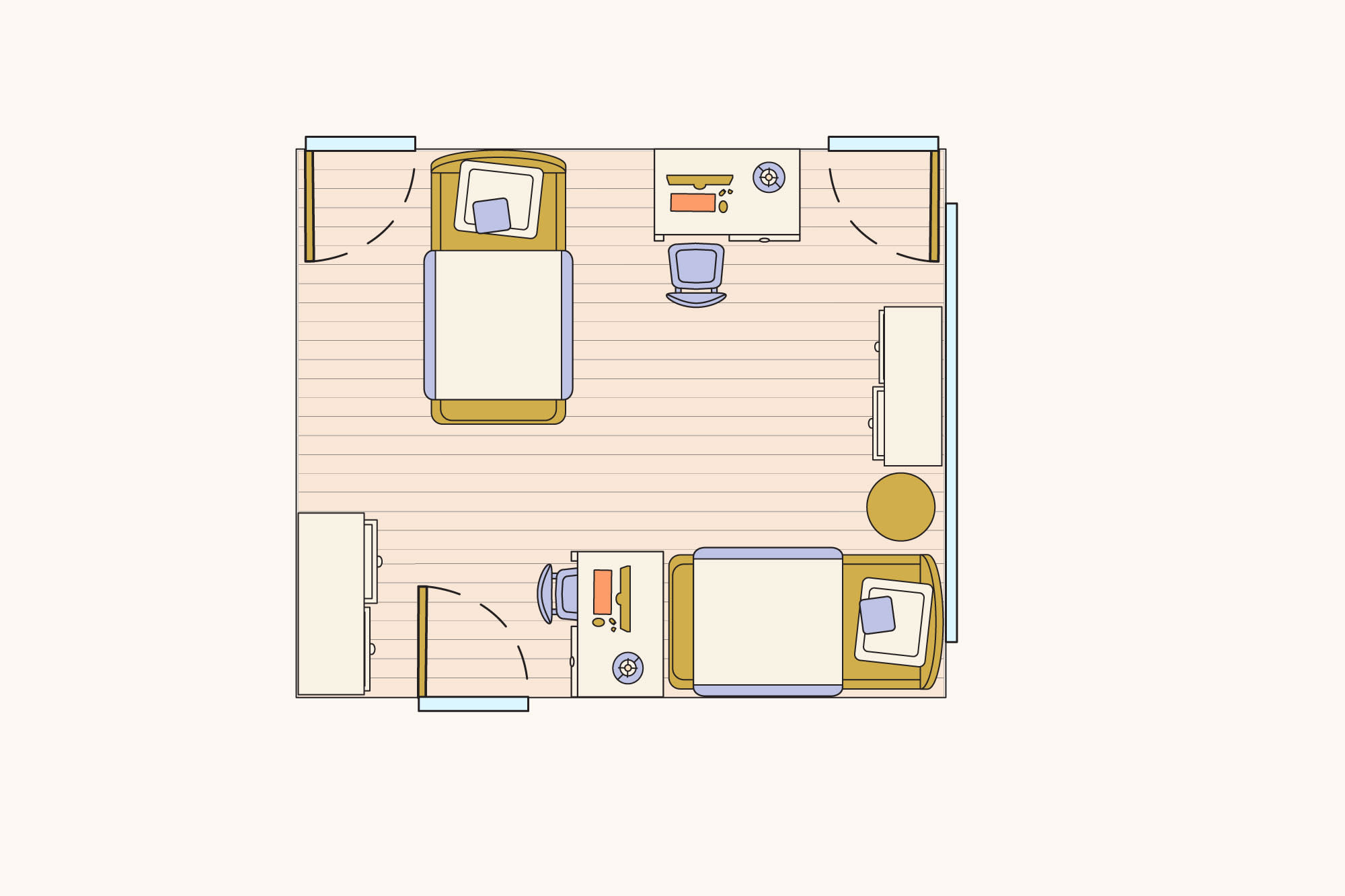 small bedroom layout with two twin beds