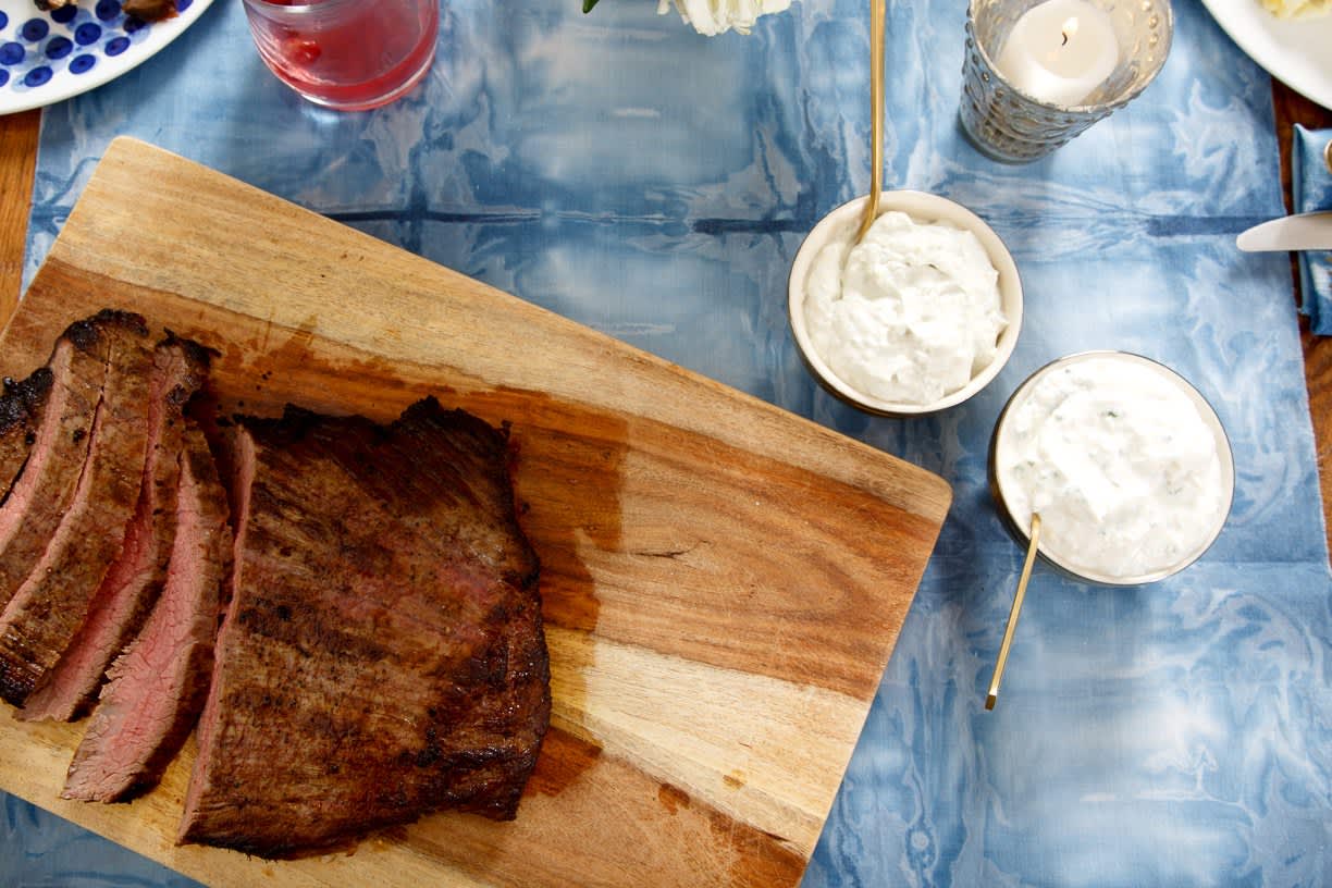 Recipe Flank Steak with YogurtHorseradish Sauce and Blue Cheese Sauce