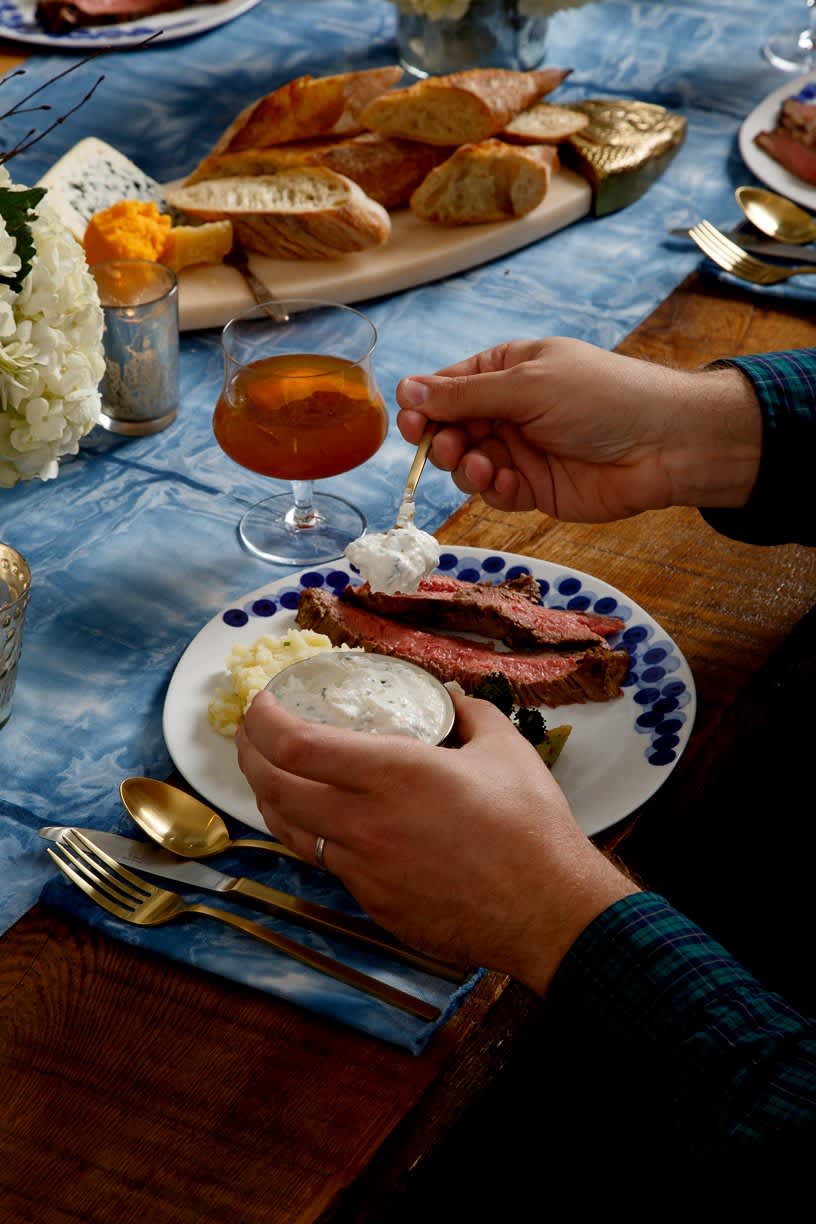 Recipe Flank Steak with YogurtHorseradish Sauce and Blue Cheese Sauce