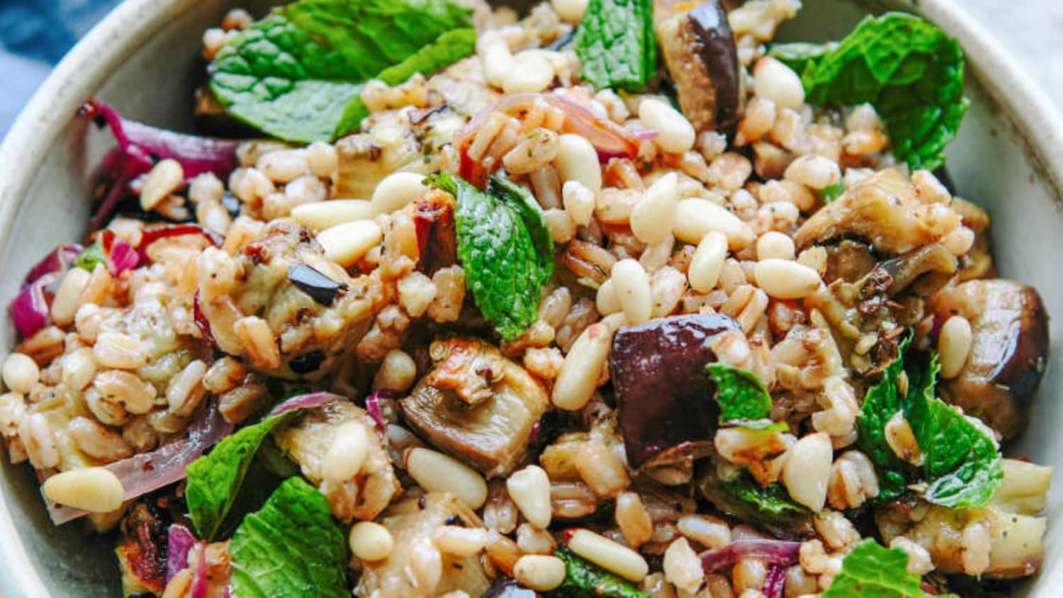 Farro Salad with Roasted Eggplant, Caramelized Onion, and Pine Nuts-image