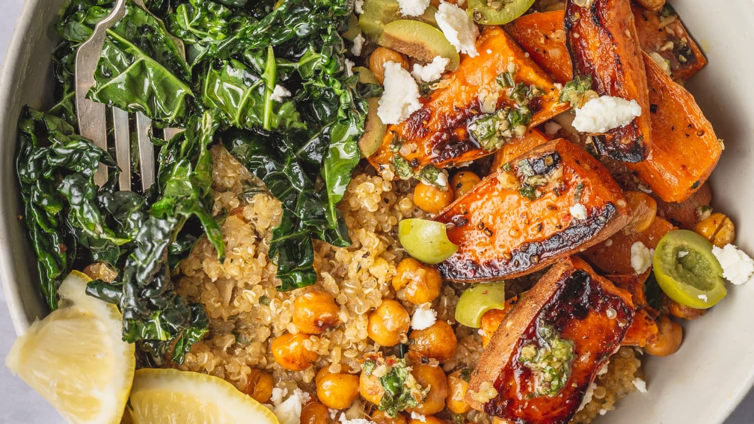 Sweet Potato Quinoa Bowls with Crispy Chickpeas and Chopped Pesto-image