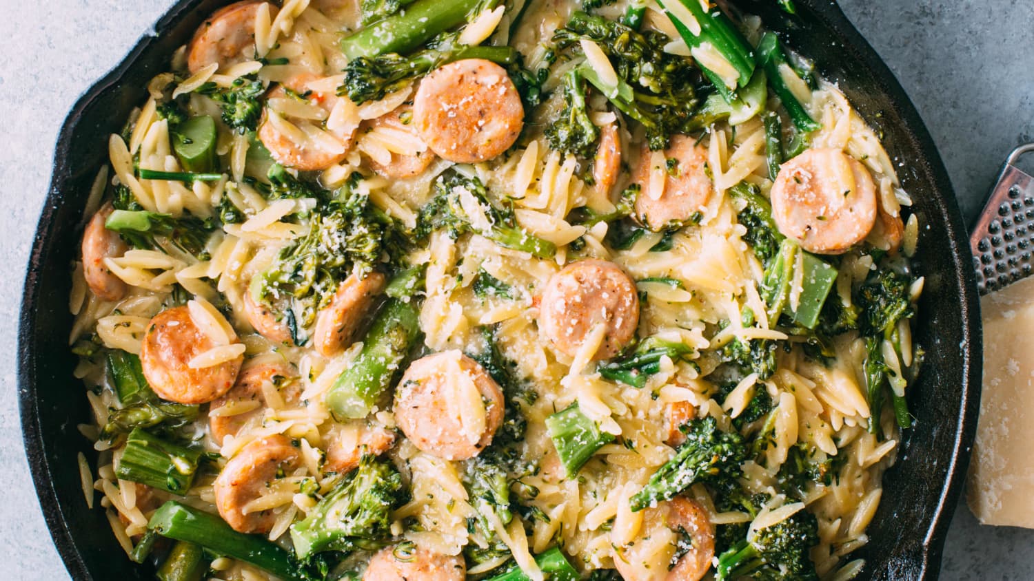 Broccolini, Chicken Sausage, and Orzo Skillet