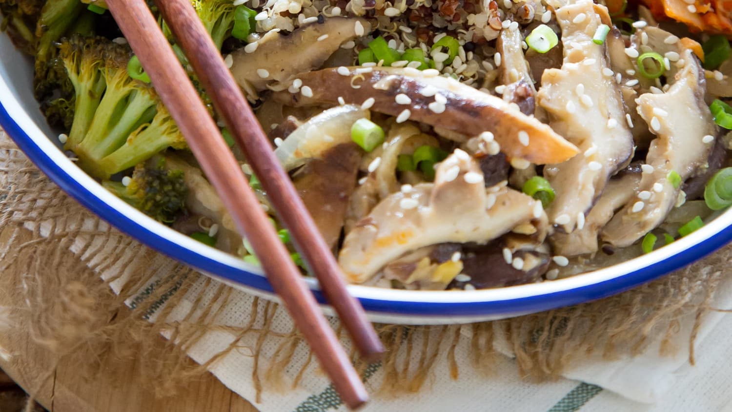 Quinoa Kimchi Bowl with Miso Mushrooms and Crispy Broccoli -image