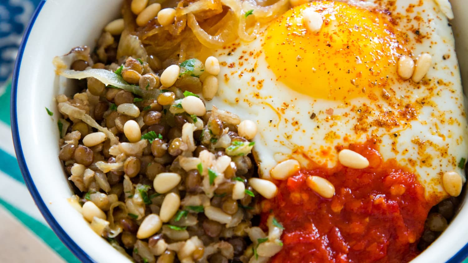 Brown Rice Bowl with Lentils, Caramelized Onions & Fried Egg-image