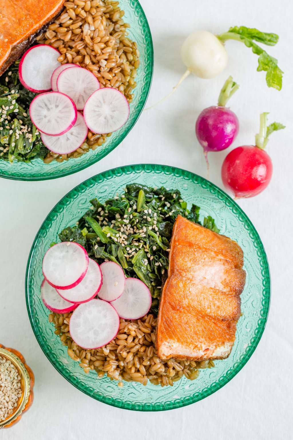 Recipe Farro Bowl with Crispy Salmon and Toasted Sesame Spinach Kitchn