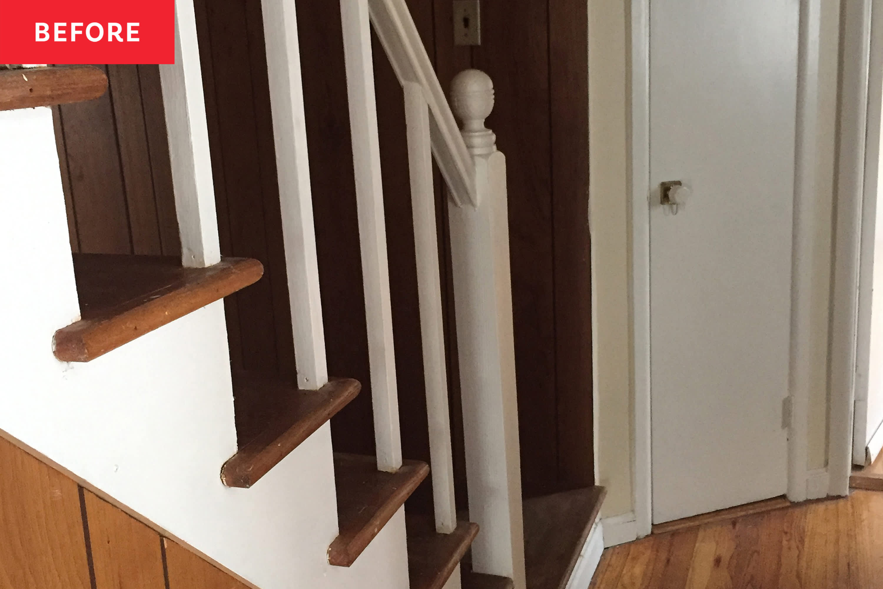 A Very '70s Dark Wood-Paneled Hallway Got a Butter Yellow Revamp