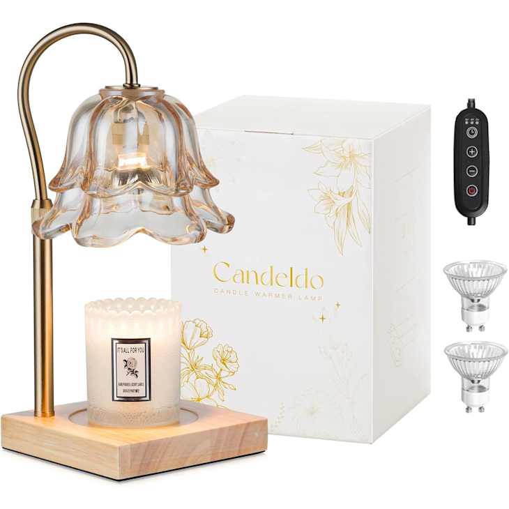 Candeldo glass flower candle warmer lamp with gold arm and wooden base