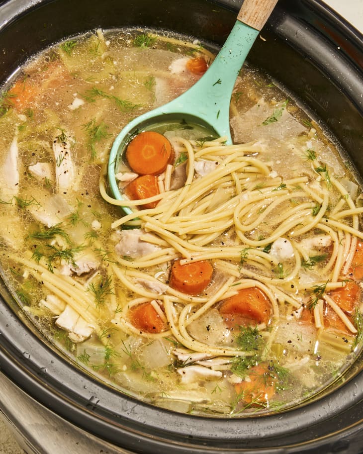 Ingredients for Slow Cooker Chicken Noodle Soup including chicken thighs, carrots, onions, and garlic