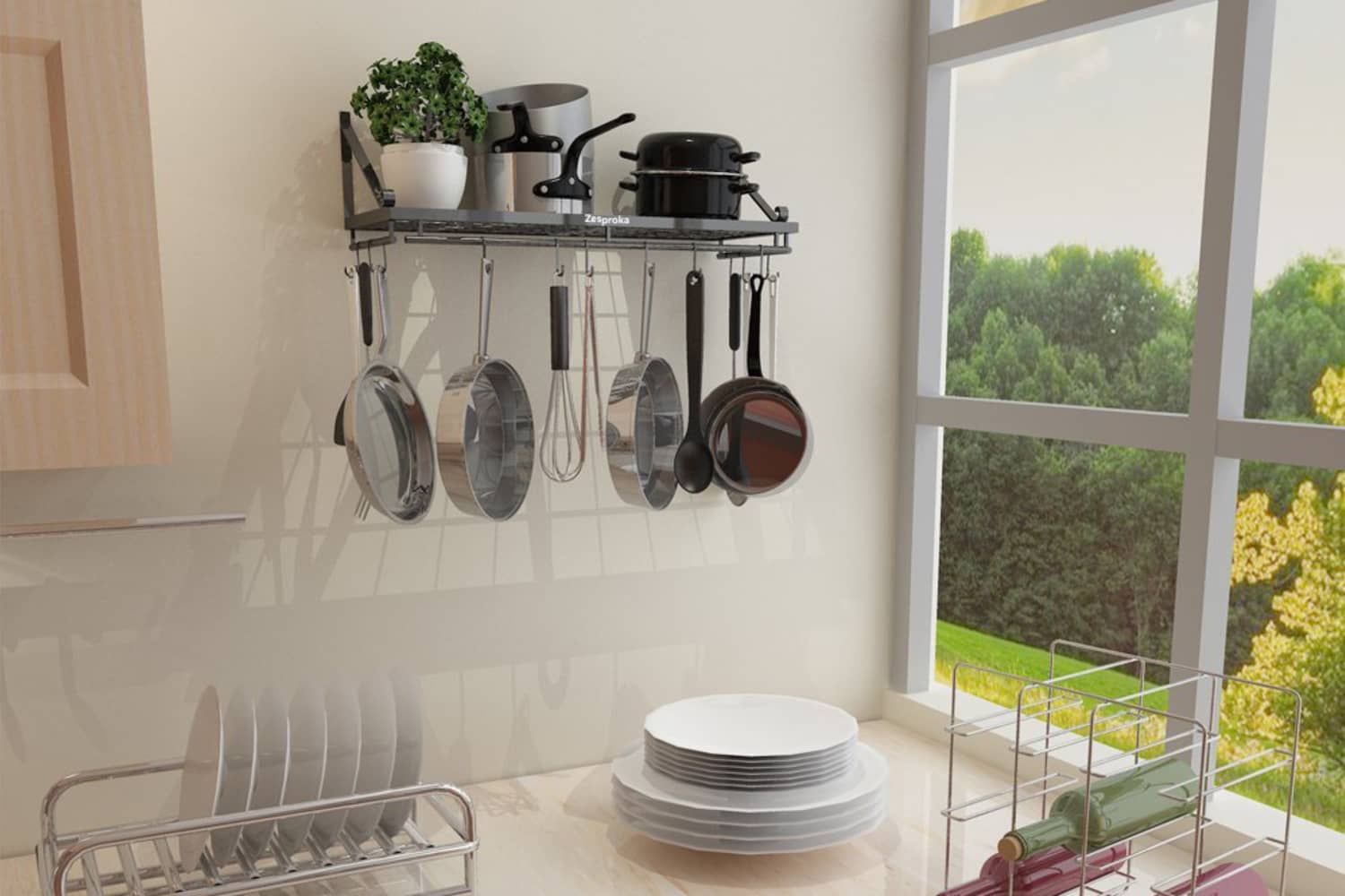 Hanging Pot Rack 2 Tier Pan Rack Pot Holders for Kitchen Storage Wall  Mounted US