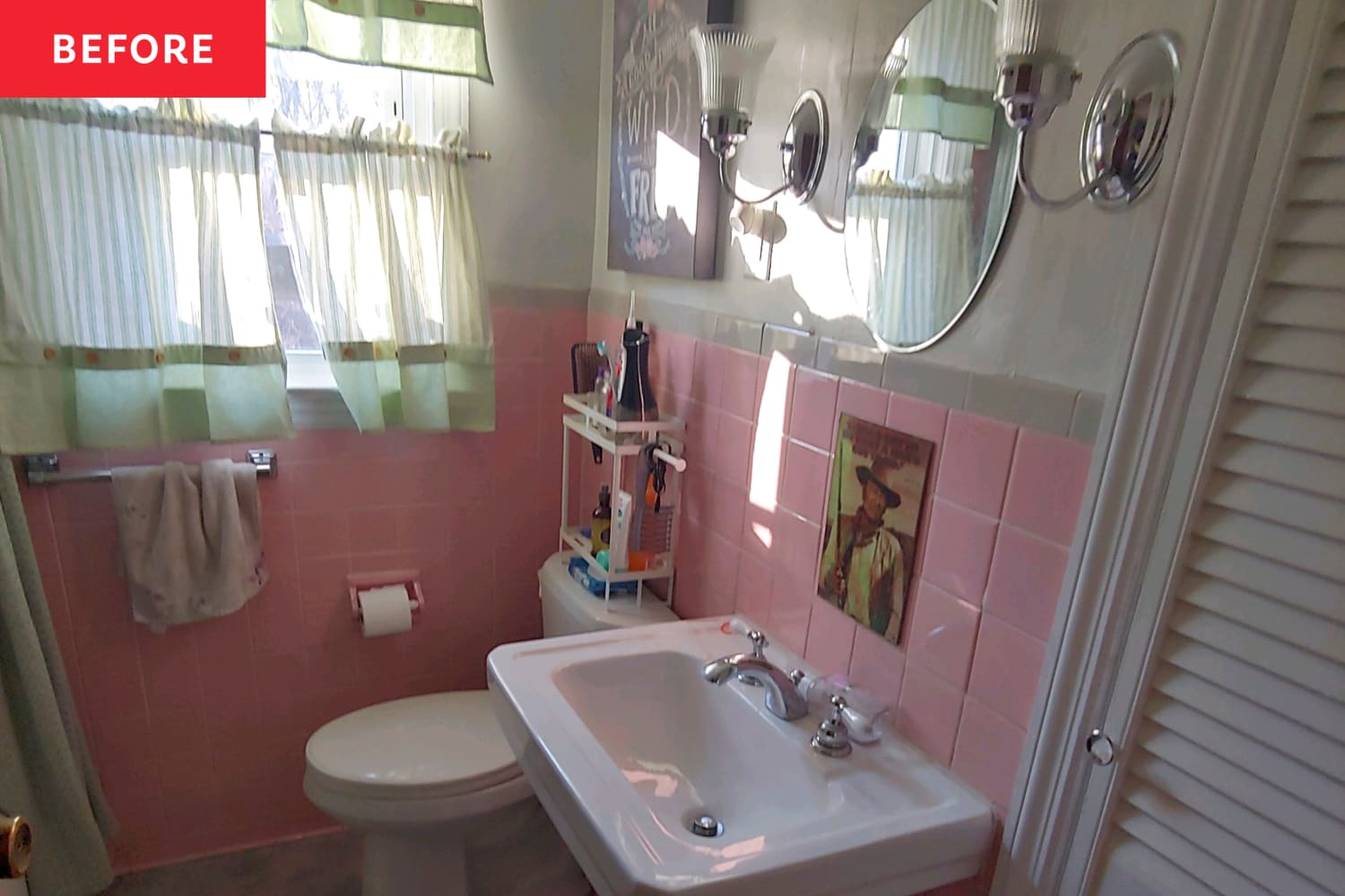Before & After: The Pink Tile Stayed - Wallpaper Made It Look Expensive