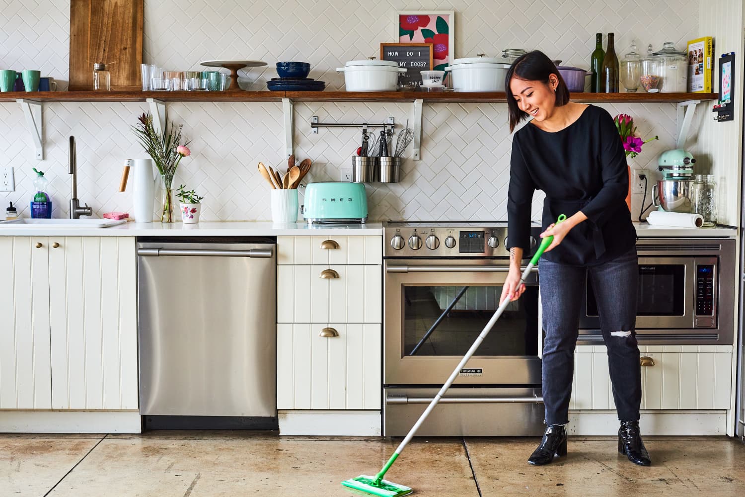 Two-in-one Silicone Bristles Push Broom With Extended Handle For Outdoor,  Garden, Bathroom Cleaning