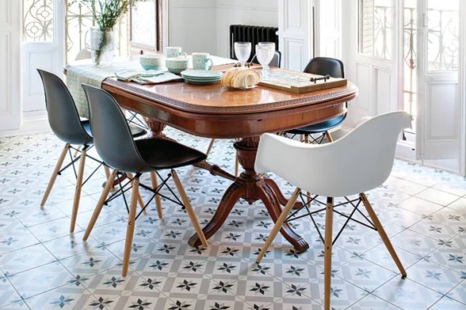 Antique table with modern chairs store
